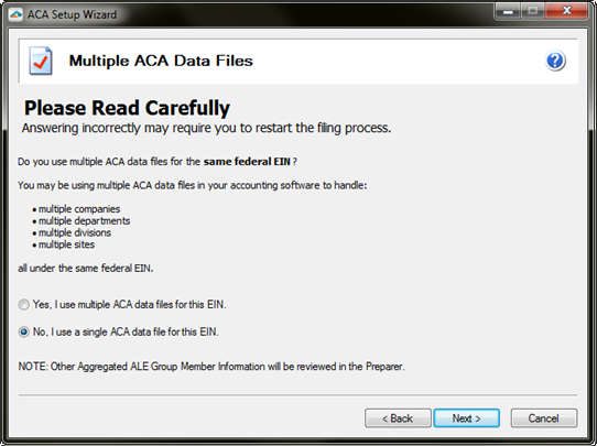 Aatrix ACA Preparer Setup - If you have multiple databases for the same FEIN, a merge of databases must be completed. Aatrix does not allow multiple filings of the same form type for one EIN. Choose “Yes” and complete the merging process before proceeding.  If multiple databases does not apply to your company please keep the selection at “No” and proceed to the ACA Preparer. 