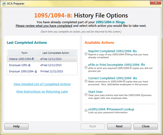 Aatrix ACA Preparer - History File Options