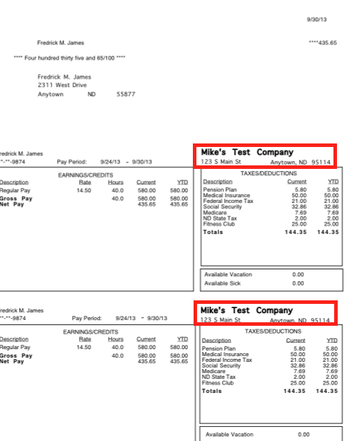 Read on how to add your company name and address to paycheck stubs.