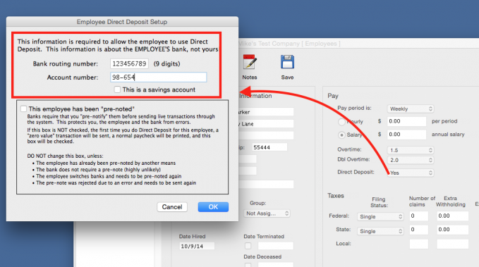 Learn how to set up payroll for direct deposits.