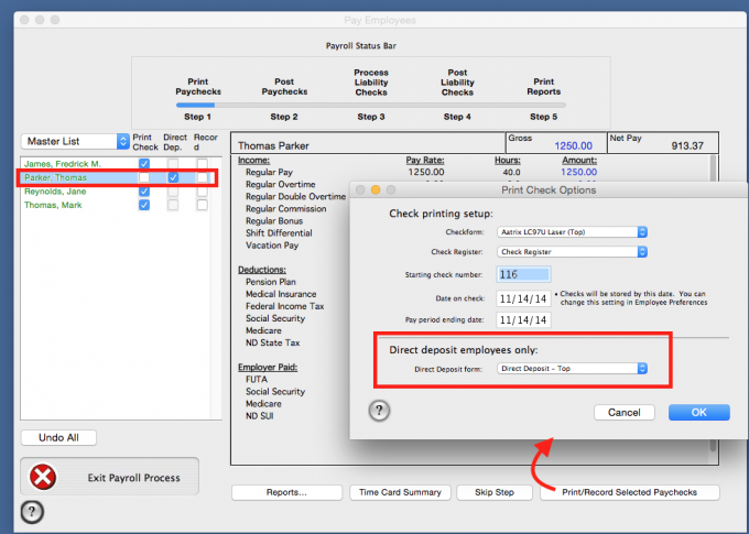 Learn when and how to select a checkform for direct deposit employees.