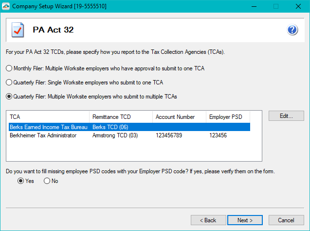 PA Act 32 Company Setup Screen used to determine TCAs